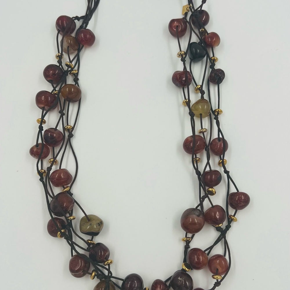 Vintage Cookie Lee Carnelian Gemstone & Silk Brown Thread Multi Strand Necklace